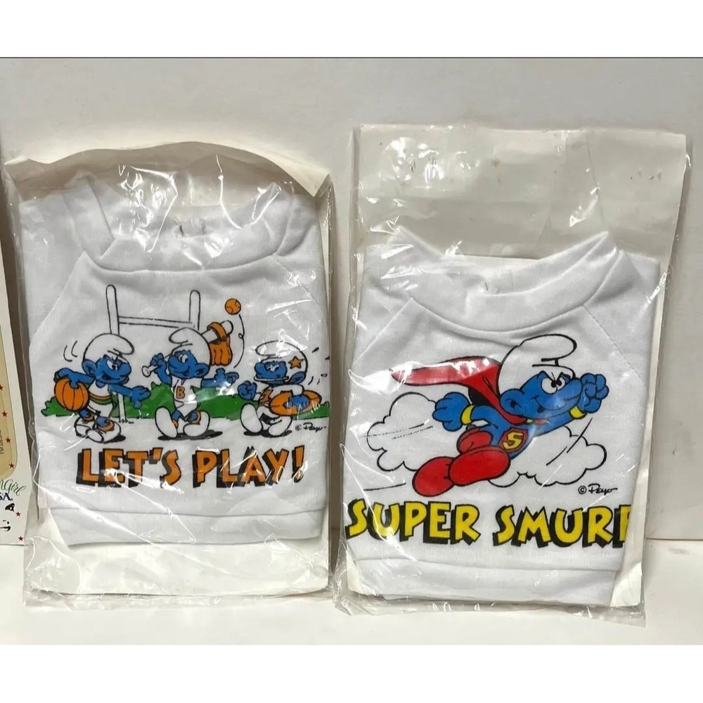 Set Of 2 New Vintage Smurf T-Shirt Super Smurf & Lets Play Fits 14" Floppy NOS